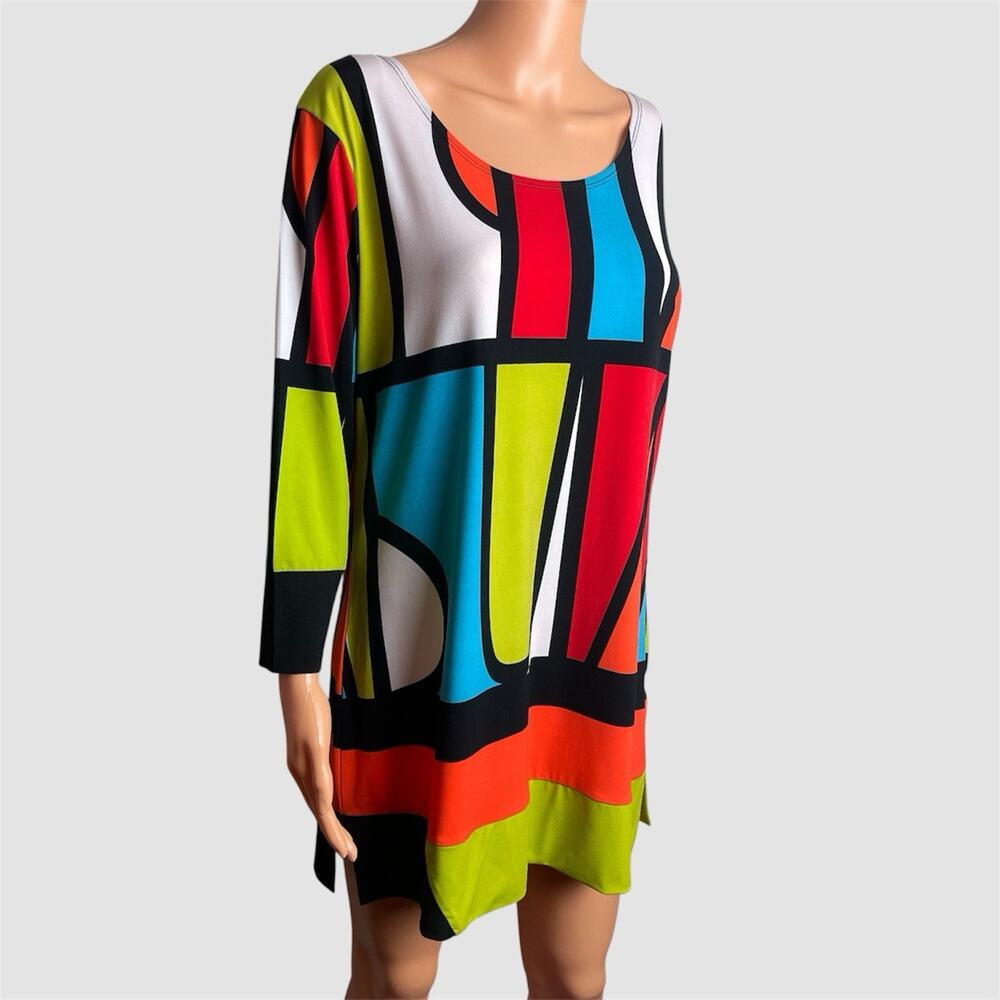 Venue 3/4 Sleeve Multicolor Block Knee Length Short Dress Lightweight Tunic Larg